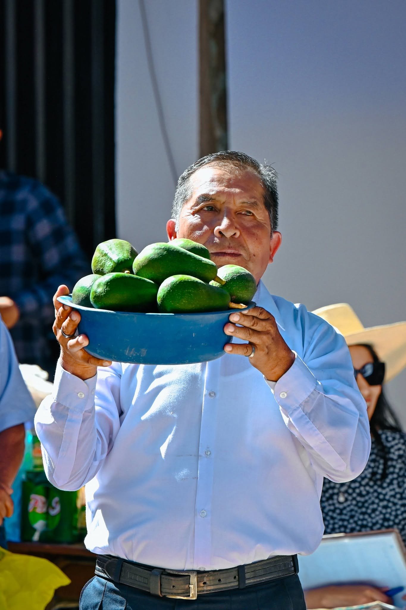 Don Andrés mostrando su cosecha de paltas
